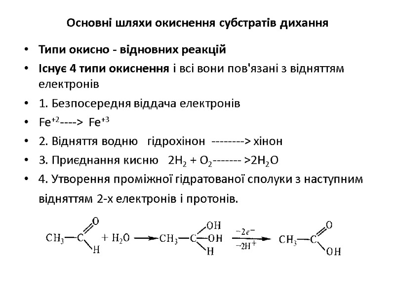 Основнi шляхи окиснення субстратiв дихання Типи окисно - вiдновних реакцiй Існує 4 типи окиснення